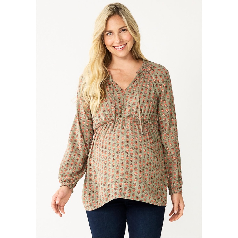 NWT Maternity Sonoma Tie-Front Peasant Top Olive Pink Floral Size S